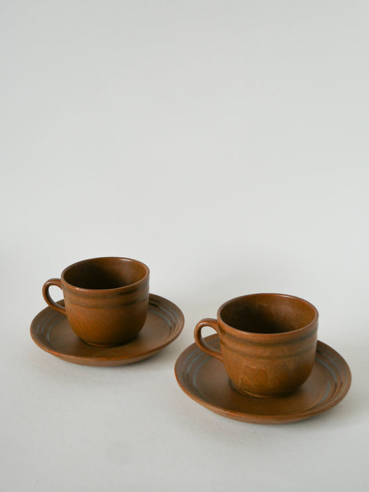 Paire de tasses à café en grès à liserés, Marron, 1970
