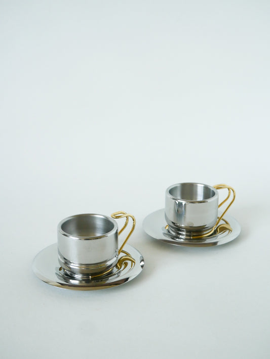 Paire de tasses à expresso en inox double parois Made in Italy, Chrome & Doré, Design, 1970