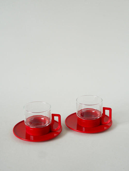 Paire de tasses à expresso en verre et plastique, Rouge, Design, 1980