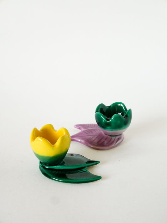 Paire de coquetiers en barbotine, modèle Fleur, Vert, Rose & Jaune, 1960