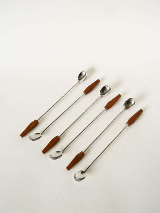 Ensemble de 6 cuillères à cocktails en inox et hêtre, 1970