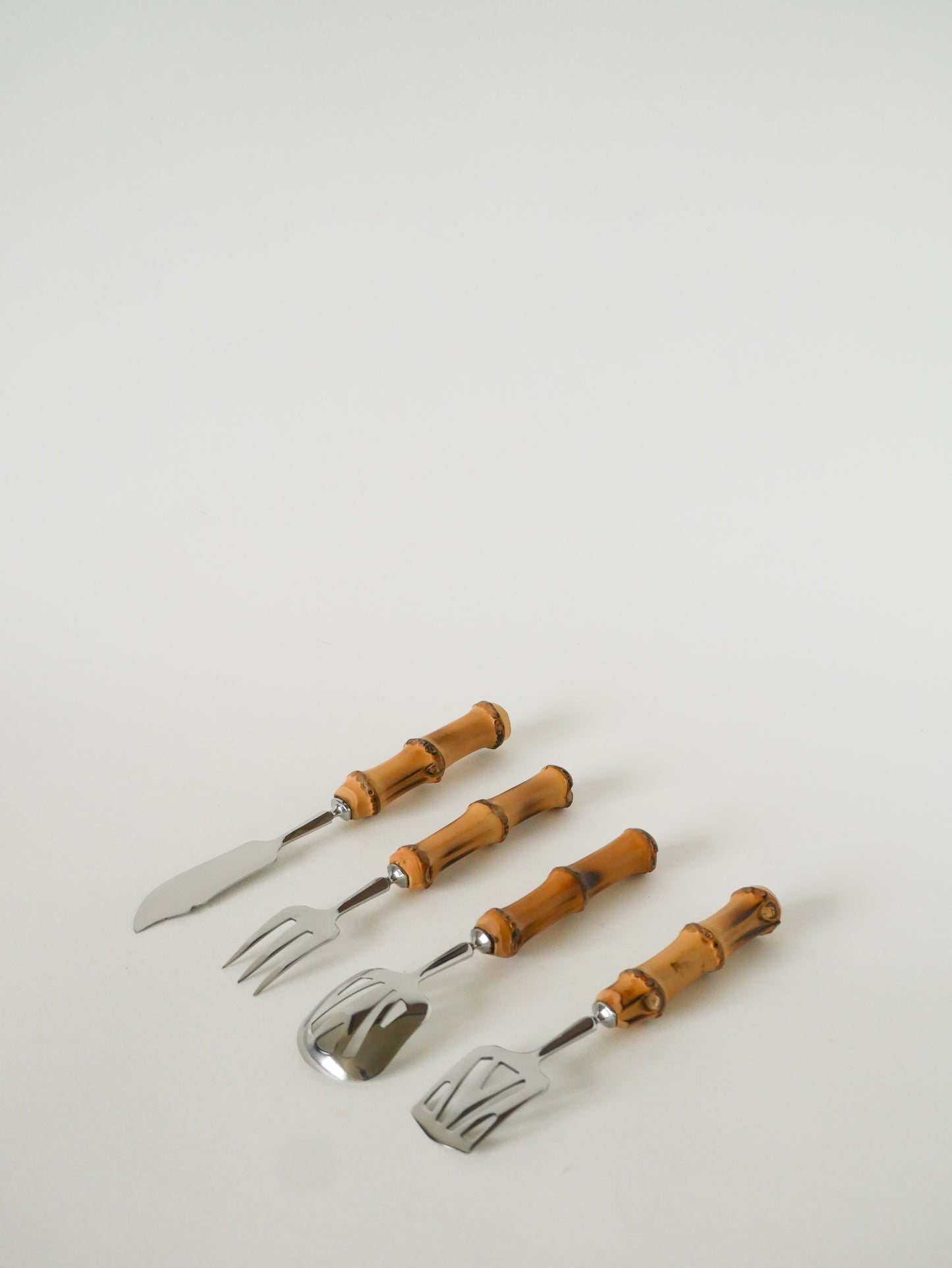 Ensemble de couverts à dessert en bois et inox, effet Bambou, 1960