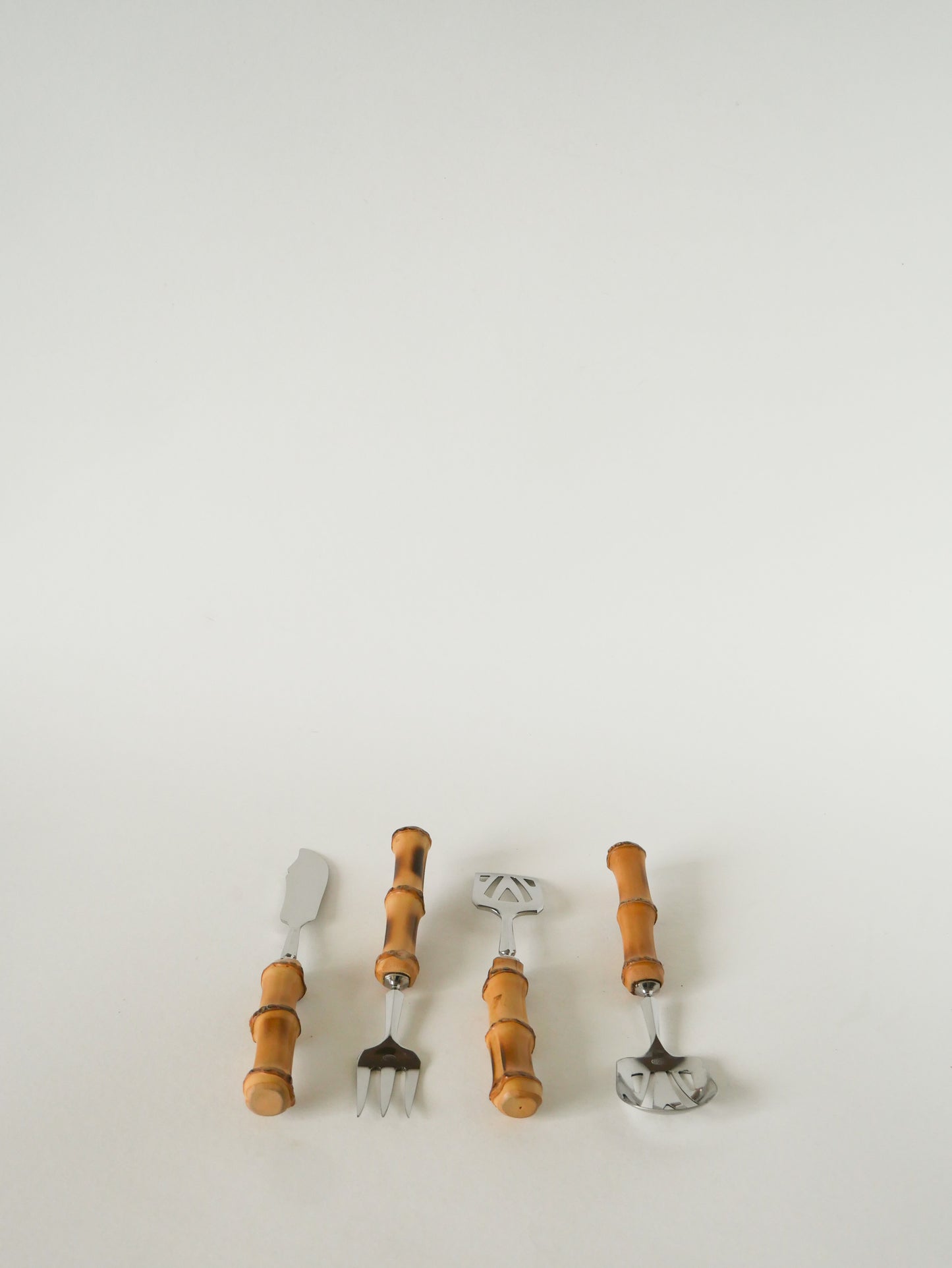 Ensemble de couverts à dessert en bois et inox, effet Bambou, 1960