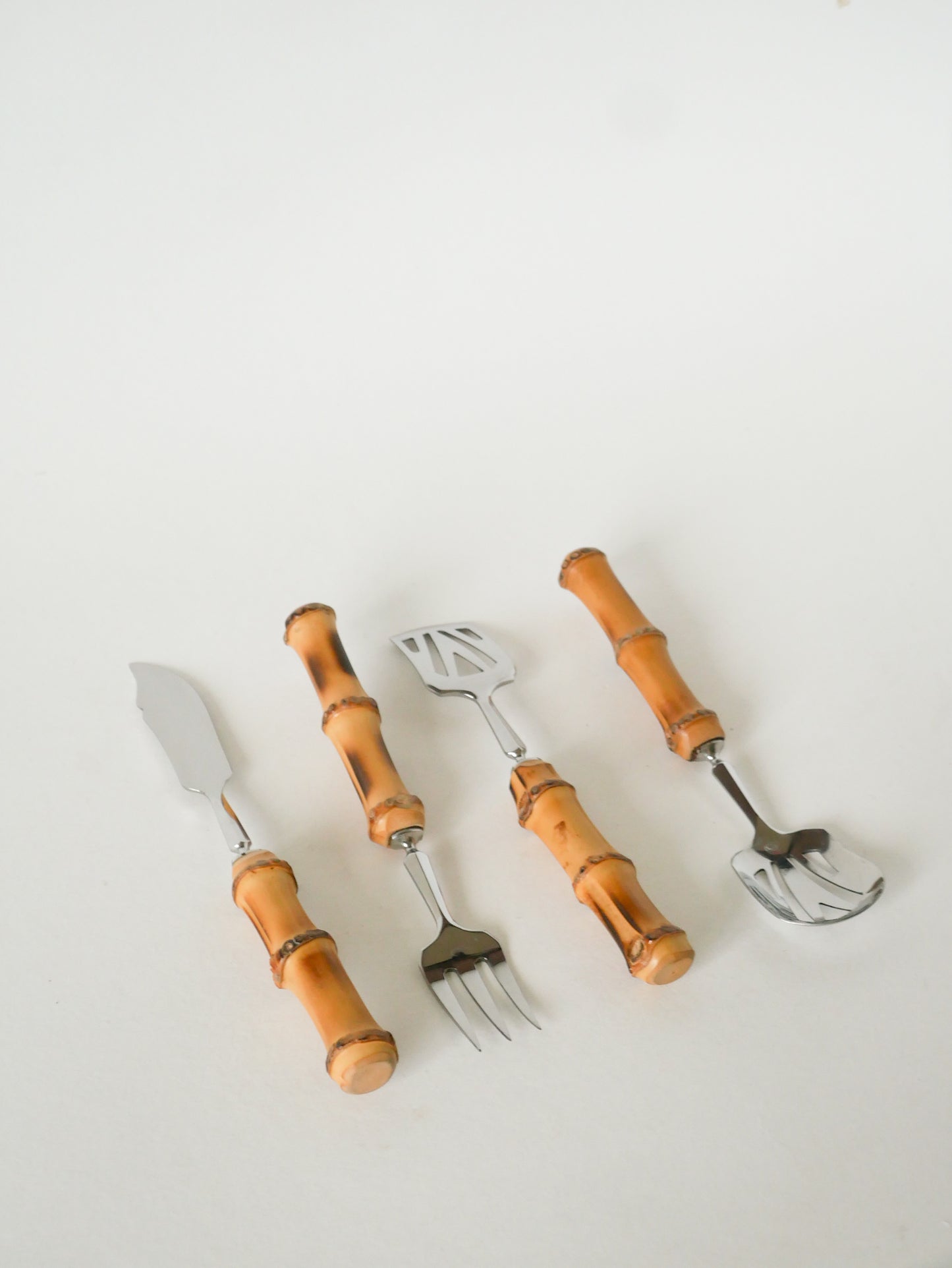 Ensemble de couverts à dessert en bois et inox, effet Bambou, 1960