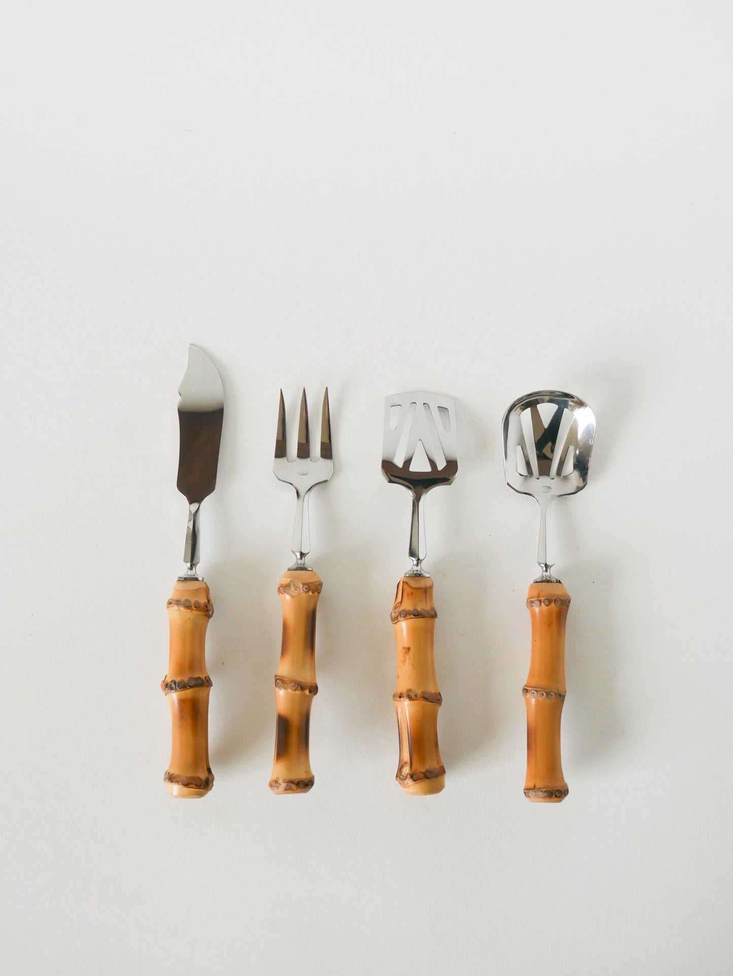 Ensemble de couverts à dessert en bois et inox, effet Bambou, 1960