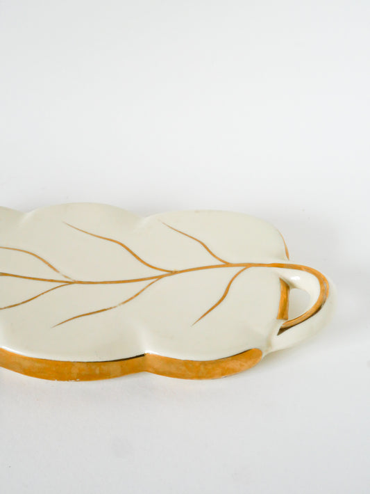Dessous de plat Feuille en céramique, Crème et Doré, 1960