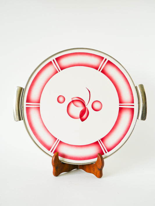 Plat à gâteau Digoin Sarreguemines, en faïence et chrome, modèle Beatrix, Rose, 1960