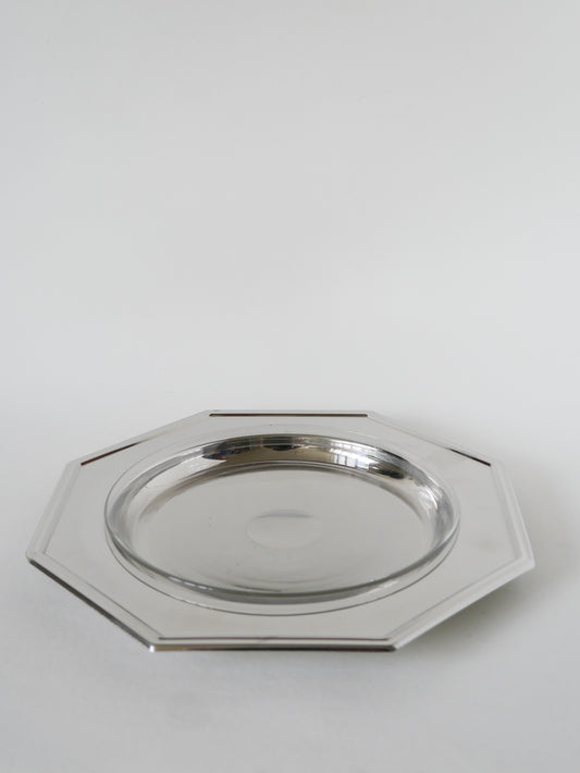 Grand plat hexagonal en inox et verre, Design, 1970