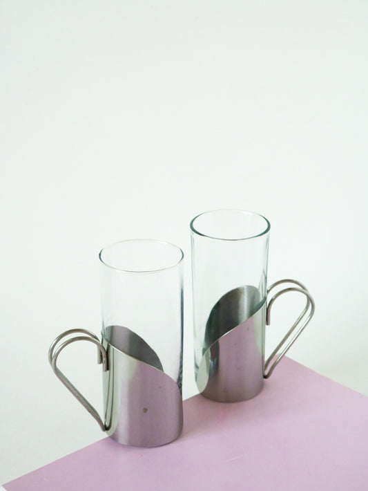Paire de tasses à thé, café, en verre & inox, Design, 1970