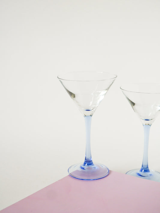 Lot de 6 verres à cocktails en verre à pieds, Bleu, Luminarc, Made in France, 1970