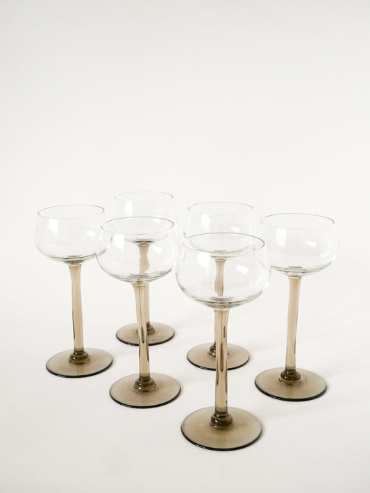 Lot de 6 verres à vin en verre fumé, Made in France, Design, 1970