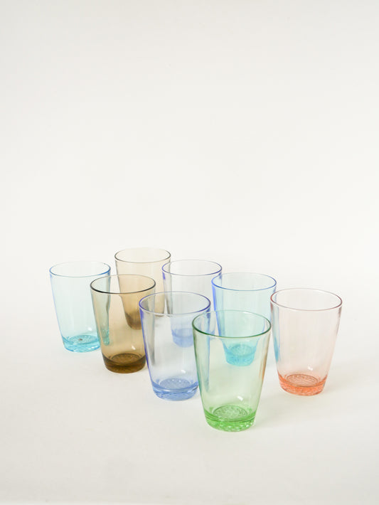 Ensemble de 8 verres à eau colorés, Rose / Bleu / Lilas / Vert, 1970