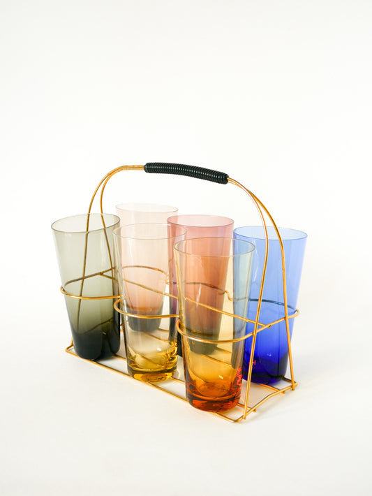 Ensemble de 6 verres en verre coloré et porte-verres en laiton, Design, 1970