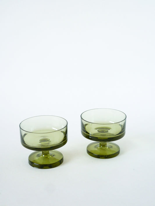 Duo de coupes à champagne, verre épais, Vert Bouteille, Design, 1970