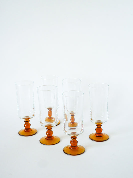 Lot de 6 flûtes à champagne en verre ambré, 1970