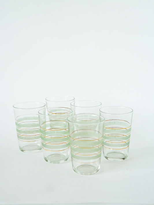 Lot de 6 verres à eau, Granité Vert et liserés Dorés, 1950