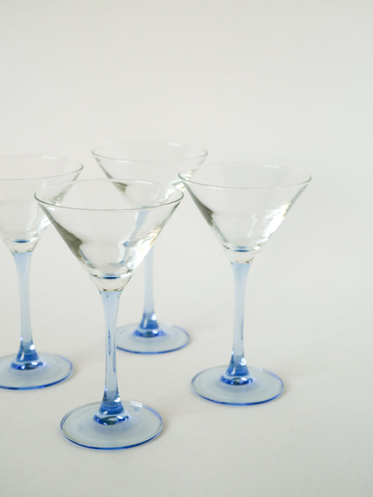 Lot de 4 verres à cocktails en verre à pieds, Bleu, Luminarc, Made in France, 1970