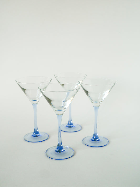 Lot de 4 verres à cocktails en verre à pieds, Bleu, Luminarc, Made in France, 1970