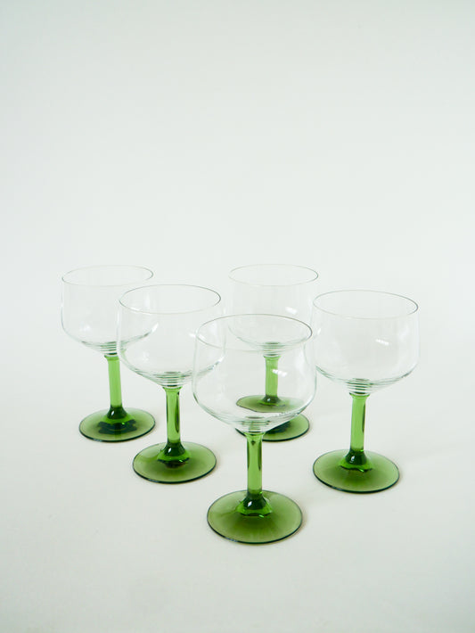 Lot de 5 grands verres à vin, pieds Vert, Vintage, 1970