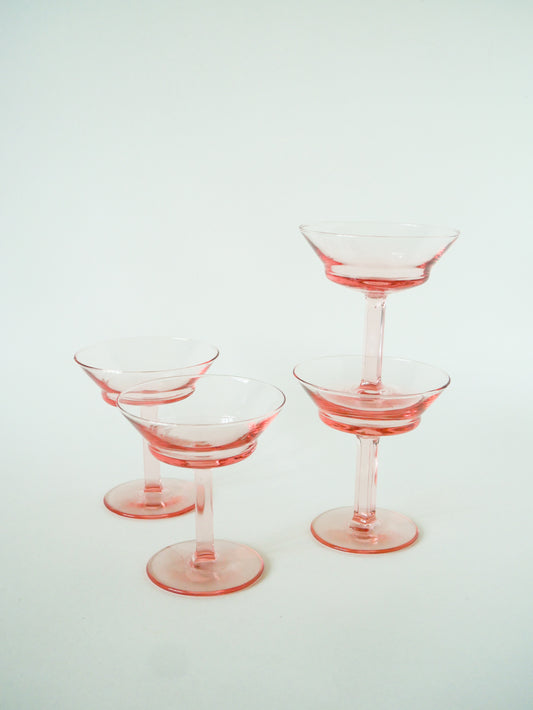 Lot de 4 coupes à champagne à pieds carré, Rose, 1950