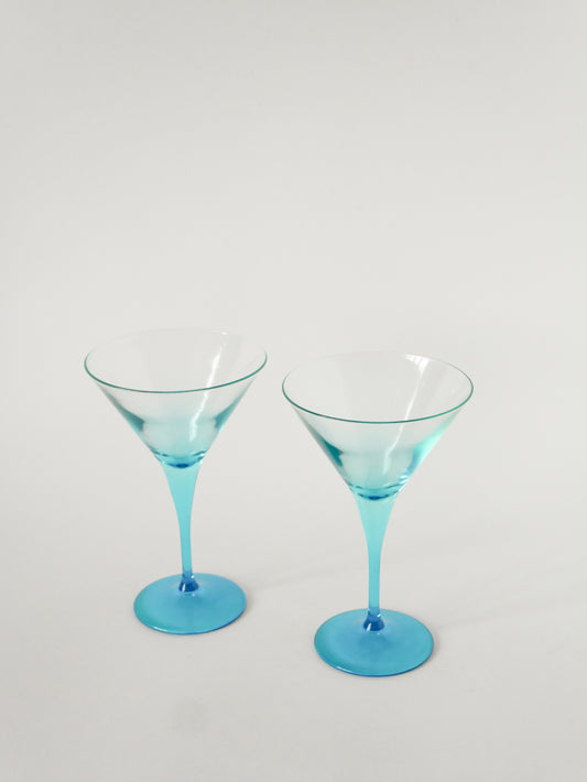 Paire de grands verres à cocktail / Martini, Bleu Ciel, Made in Italy, 1970
