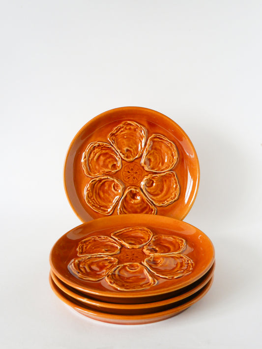 Lot de 4 assiettes à huîtres en barbotine, Jaune Moutarde, 1970