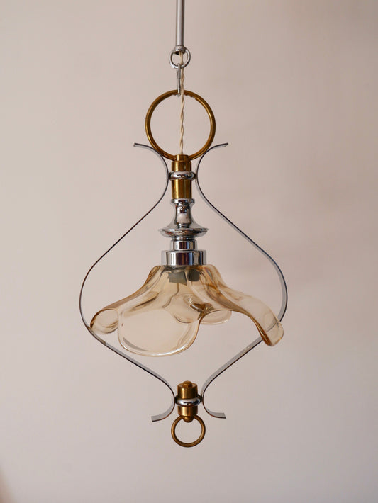 Suspension pétale en verre, laiton et métal chromé années 50