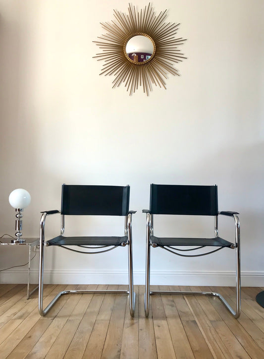 Paire de fauteuils design tubulaires en chrome et croûte de cuir, dans le goût de Mart Stam / Breuer, 1970