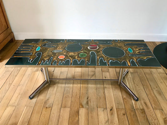 Table basse en céramique design pieds chrome abstrait Space Age années 70