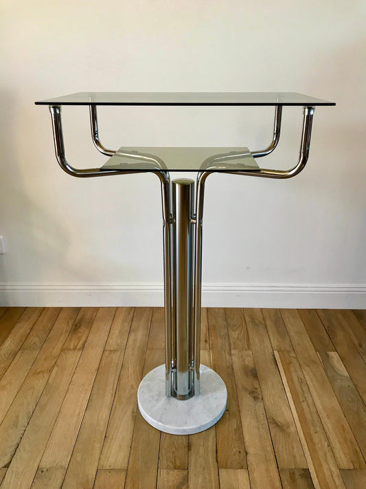 Table d'appoint design en chrome, marbre et verre fumé années 70