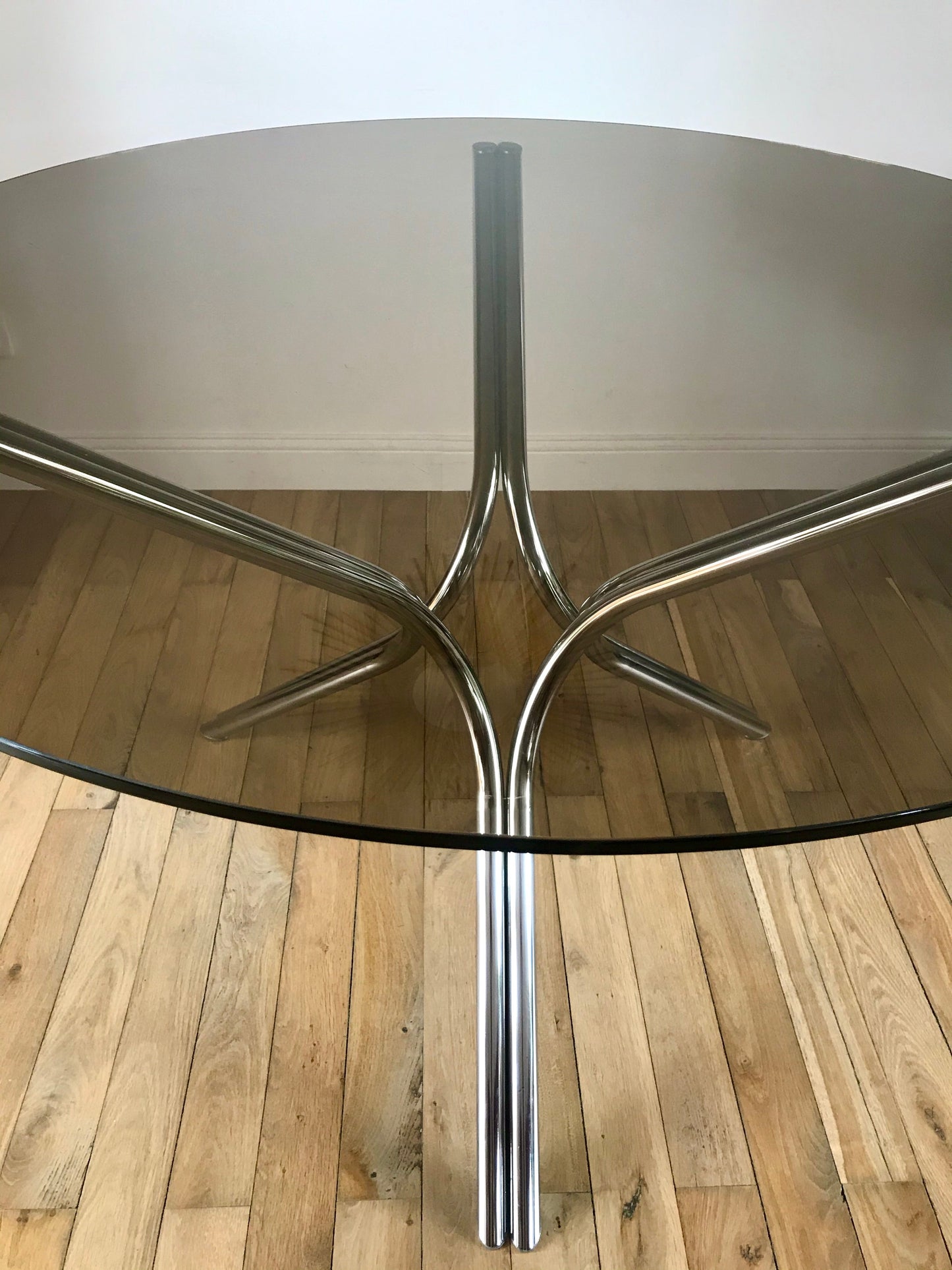 Table à manger / de salon en chrome et verre fumé années 70