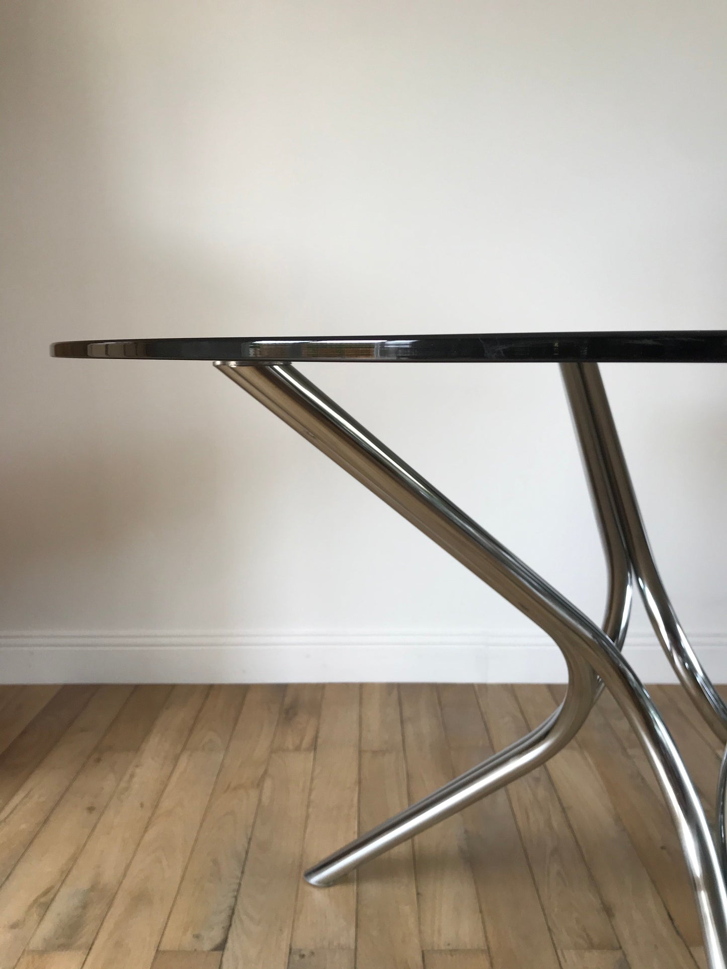 Table à manger / de salon en chrome et verre fumé années 70