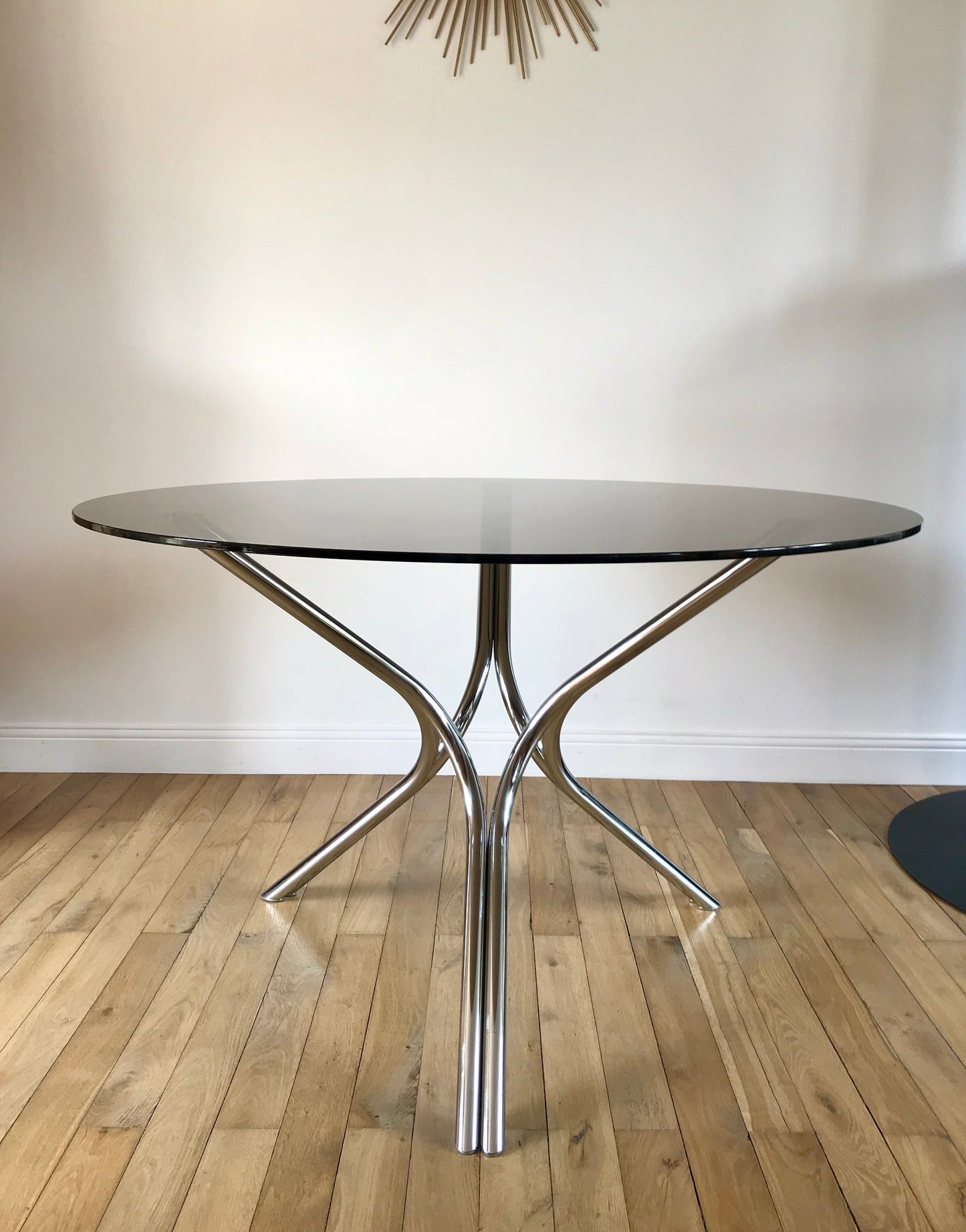 Table à manger / de salon en chrome et verre fumé années 70