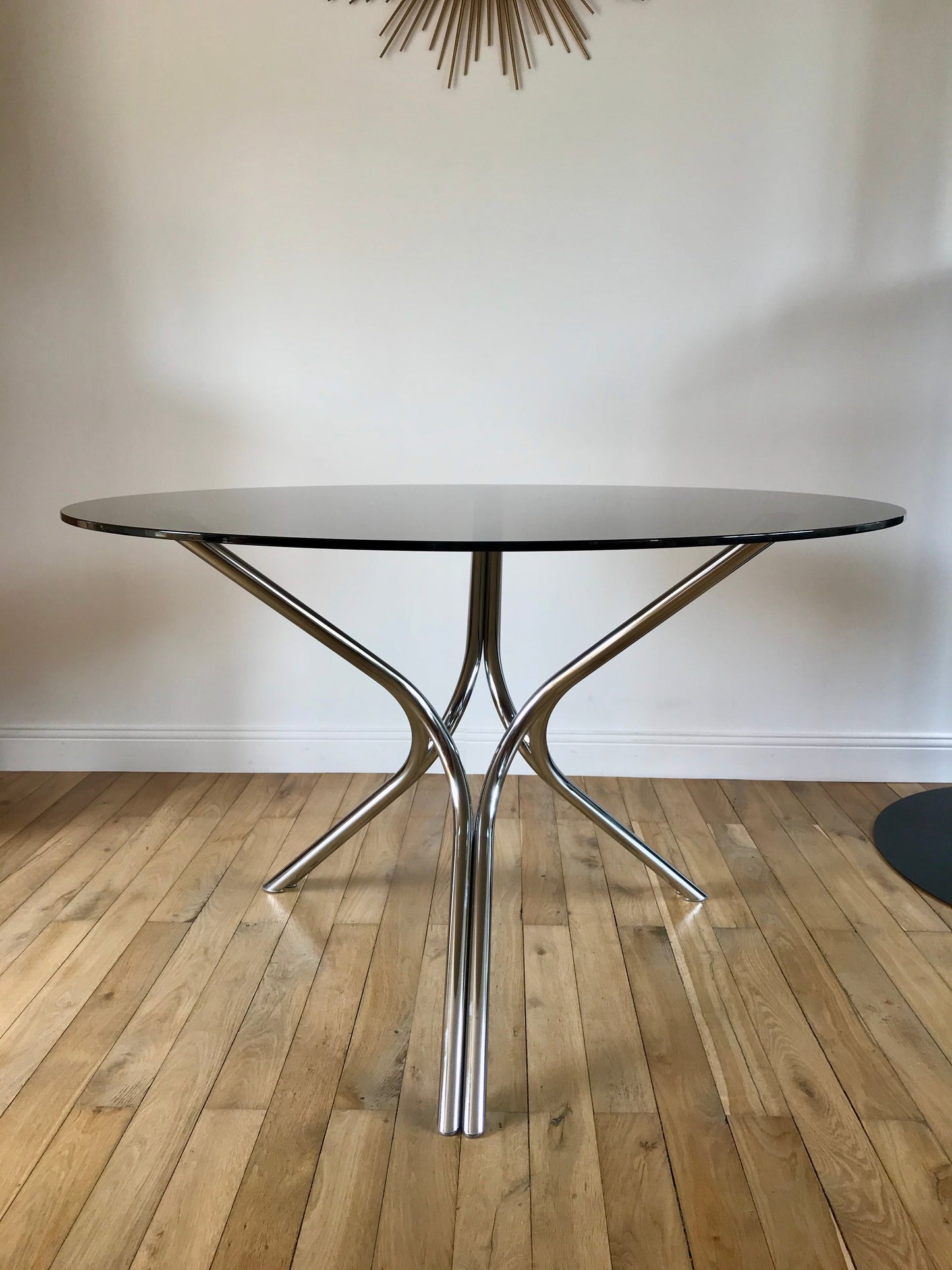 Table à manger / de salon en chrome et verre fumé années 70