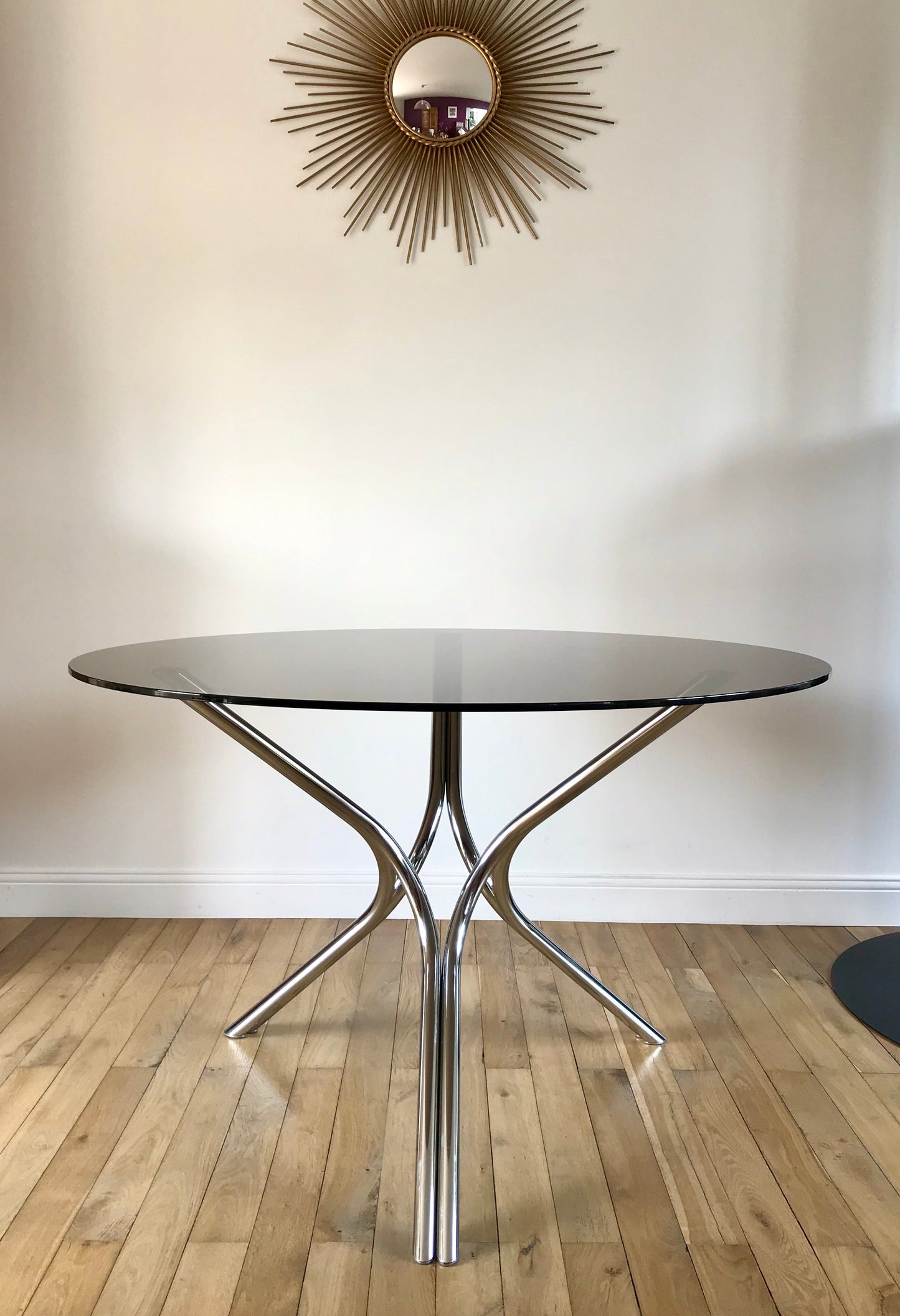 Table à manger / de salon en chrome et verre fumé années 70
