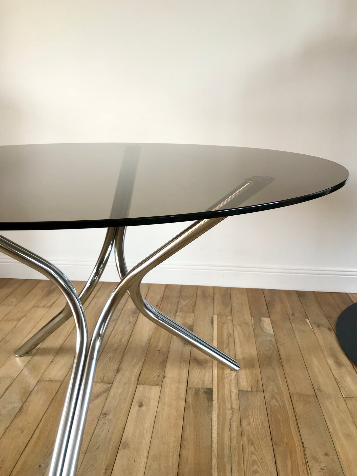 Table à manger / de salon en chrome et verre fumé années 70